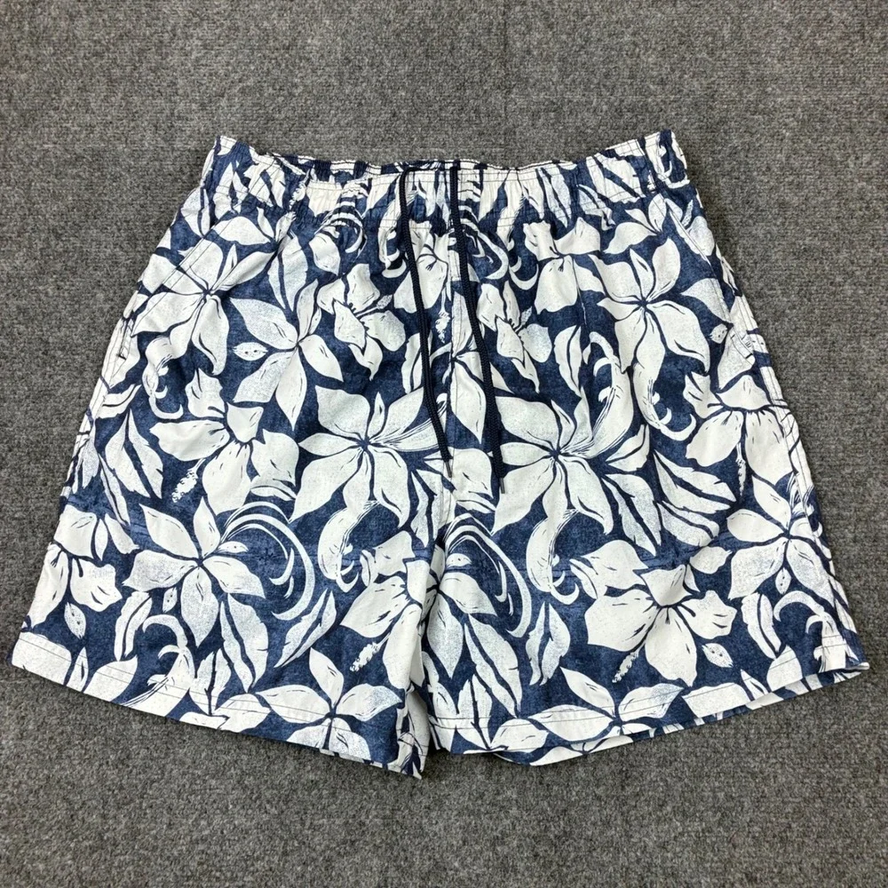 OP Ocean Pacific Mens Size Large Navy White Hibiscus Floral Swim Trunks Shorts
